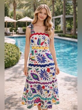 Celia B Floral Midi Dress Multicolor Embroidered A-Line Ruffle Small